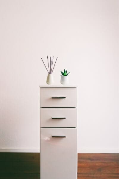 Filing cabinet for Organising paperwork in the home, with small plant on top