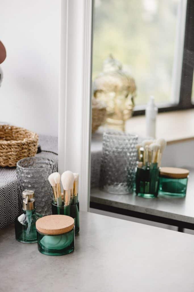 Bathroom counter with organized makeup